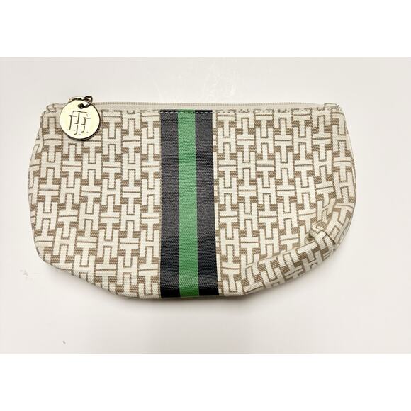 Tommy Hilfiger Cosmetic Case Beige Signature TH Pattern 2011 Travel Beauty 9x5 - Picture 1 of 5
